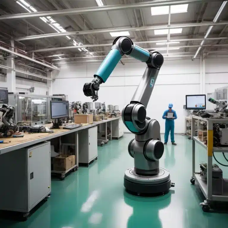 Robot industriel installé dans un atelier de production, avec un technicien en arrière-plan