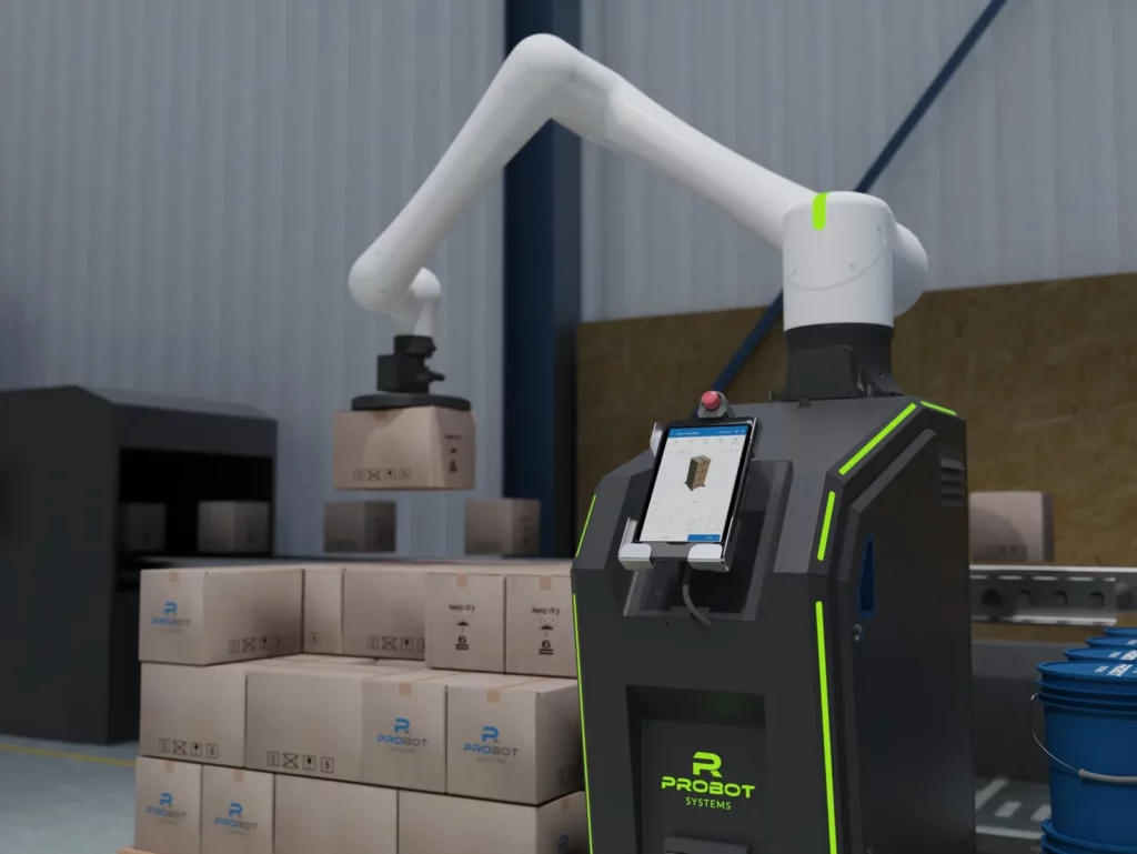 Palettiseur collaboratif Probot en entrepôt : bras FANUC saisissant une boîte et tablette affichant le logiciel Probot Palletizer