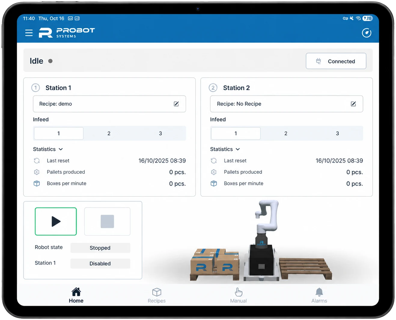 Probot Palletizer app home screen with two stations, production counters, start and stop, and the 3D cell view